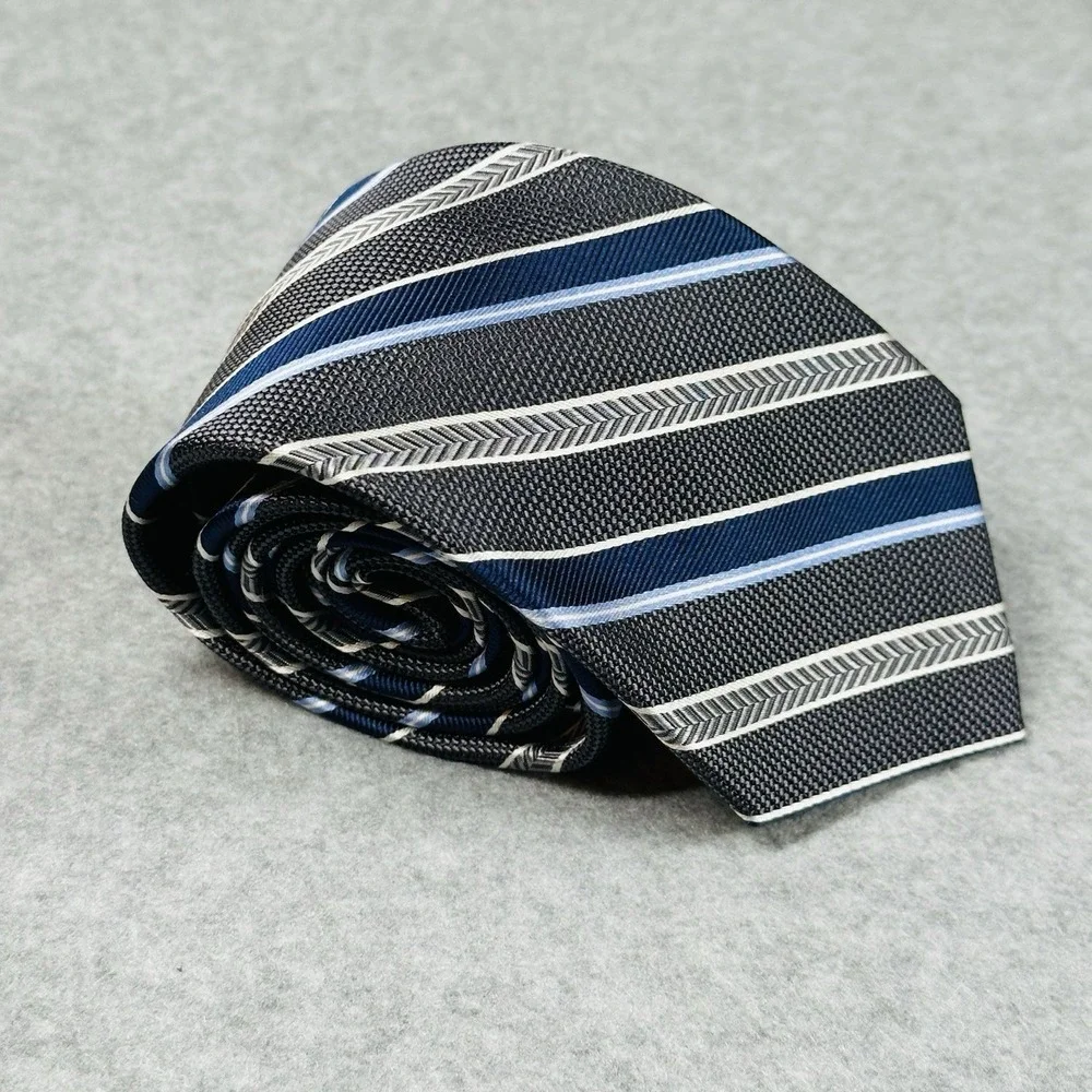 Jos A Bank Reserve Silk‎ Tie Gray Blue Striped Classic Mens Necktie 59x3.1in